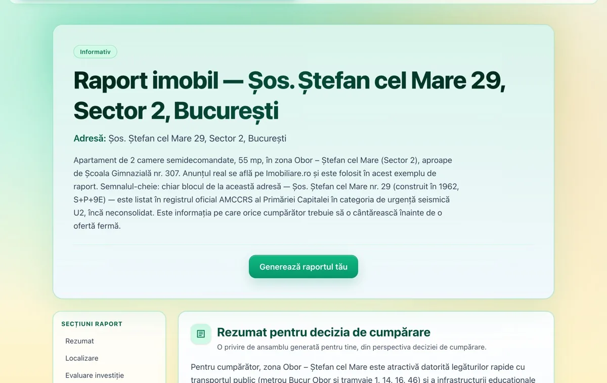 A ResidenceVertical report page, for Șos. Ștefan cel Mare 29 in Bucharest
