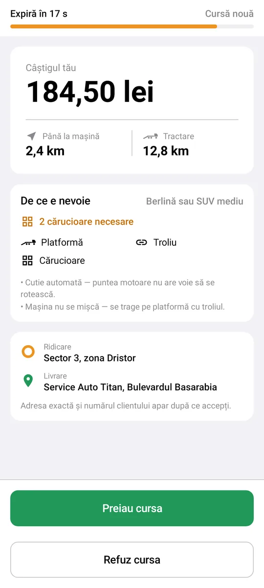 The offer a tow truck driver sees: the earnings, the distances and the equipment needed